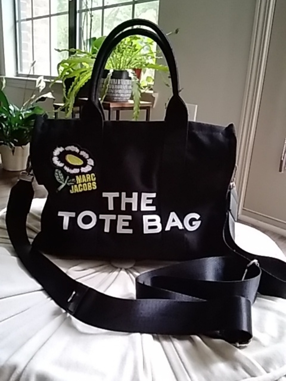 Black Canvas Tote with White Logo and Floral Patch